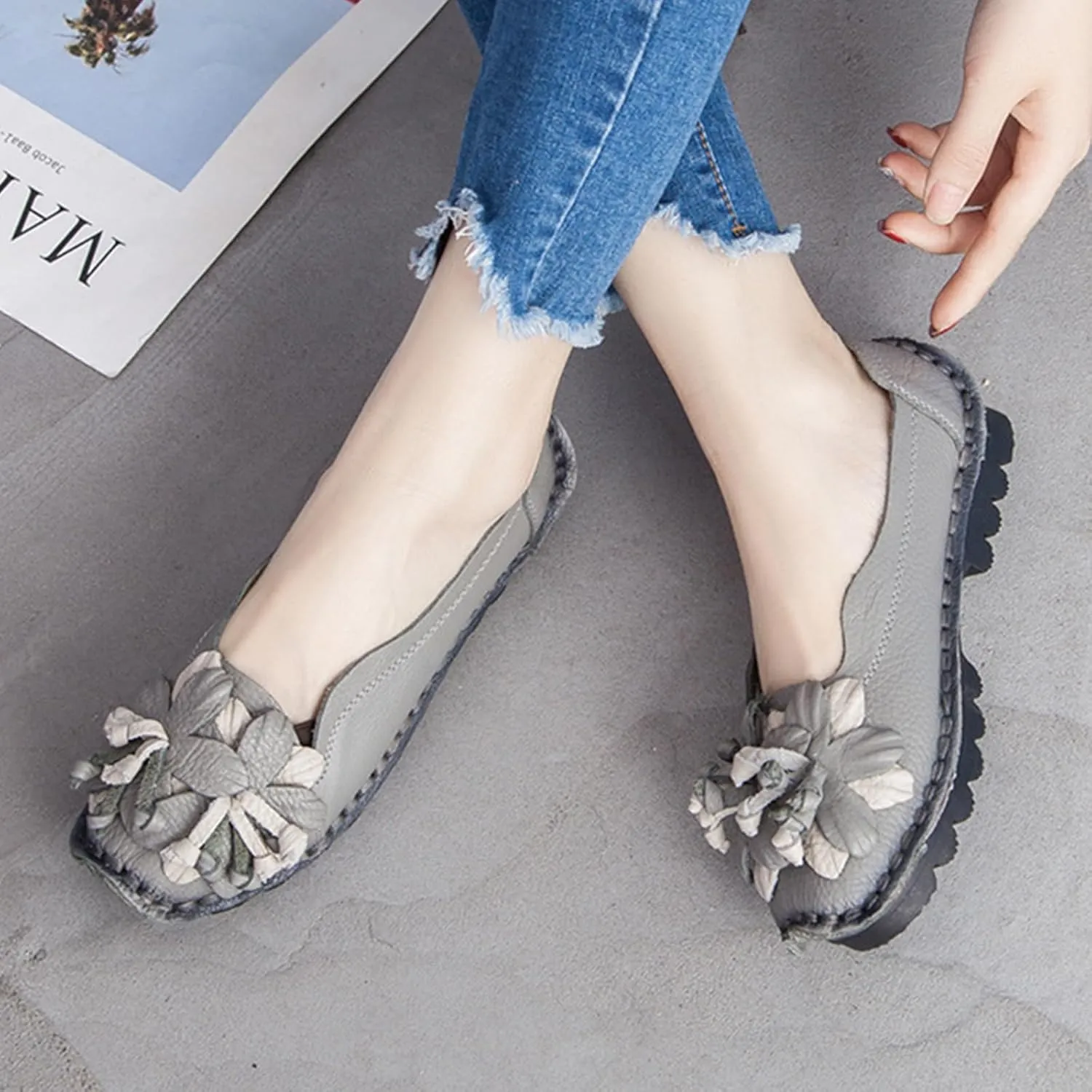 Women's Leather Slip On Loafers,Vintage Handmade Flower Comfy Soft Non-Slip Muffin Platform Walking Casual Dress Pumps