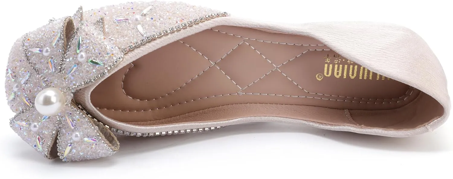 Women's Pointed Rhinestone Flat Shoes Glitter Flowers Wedding Comfortable Dress Shoes