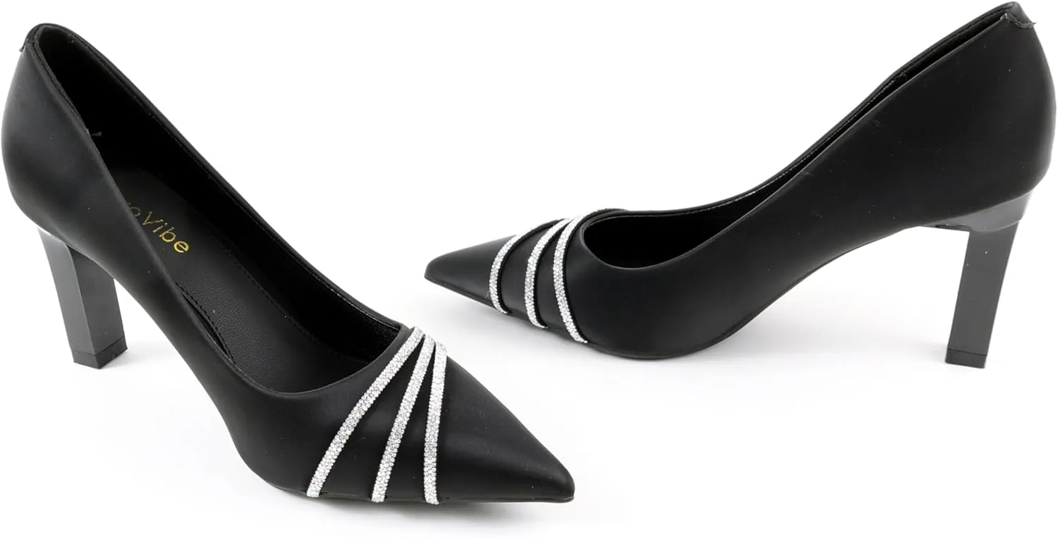 Women's Pointed Toe Block Heel Pumps, Slip-On Dress Shoes with Rhinestone Straps for Office, Party & Formal Wear