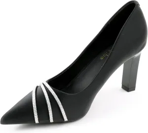 Women's Pointed Toe Block Heel Pumps, Slip-On Dress Shoes with Rhinestone Straps for Office, Party & Formal Wear
