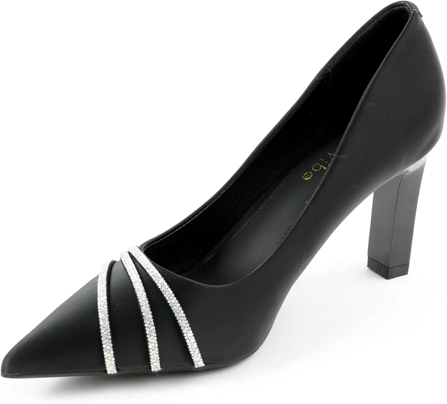 Women's Pointed Toe Block Heel Pumps, Slip-On Dress Shoes with Rhinestone Straps for Office, Party & Formal Wear