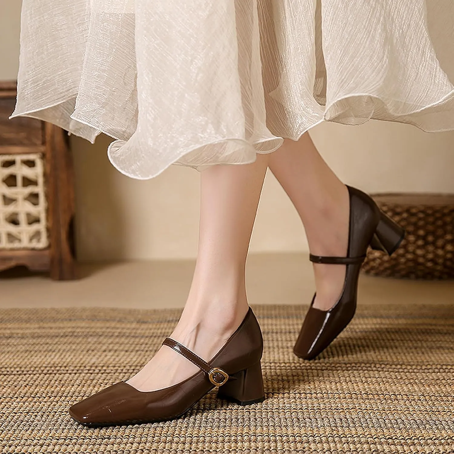 Women's Retro Square Toe Shallow Cut Mary Jane Shoes Handmade Buckle Low High Heels Slip On Solid Classic Soft Comfortable PU Mouth Heeled Office Clubbing Work Courts
