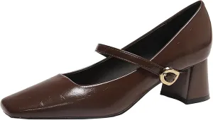 Women's Retro Square Toe Shallow Cut Mary Jane Shoes Handmade Buckle Low High Heels Slip On Solid Classic Soft Comfortable PU Mouth Heeled Office Clubbing Work Courts