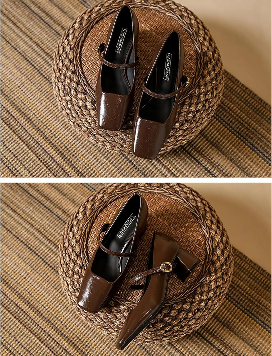 Women's Retro Square Toe Shallow Cut Mary Jane Shoes Handmade Buckle Low High Heels Slip On Solid Classic Soft Comfortable PU Mouth Heeled Office Clubbing Work Courts