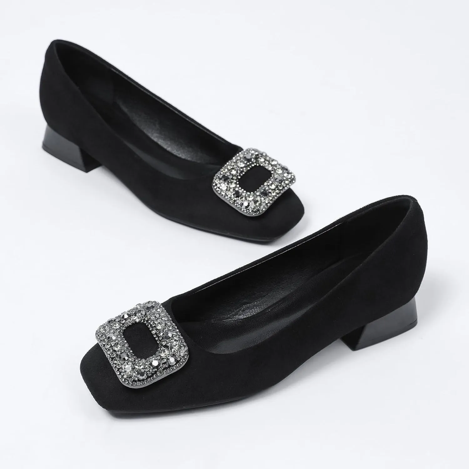 Women's Suede Rhinestone Low Heel Pumps Jeweled Square Toe Chunky Low Heel Closed Toe Dress Work Office Shoes Casual Slip on Slip On Evening Shoes