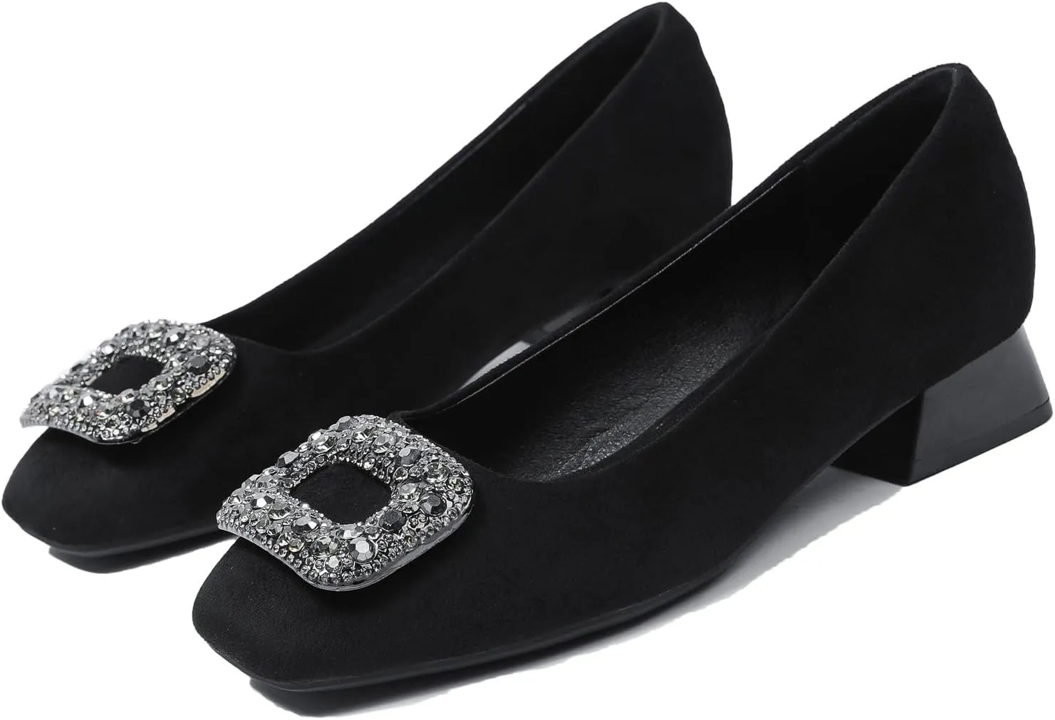 Women's Suede Rhinestone Low Heel Pumps Jeweled Square Toe Chunky Low Heel Closed Toe Dress Work Office Shoes Casual Slip on Slip On Evening Shoes