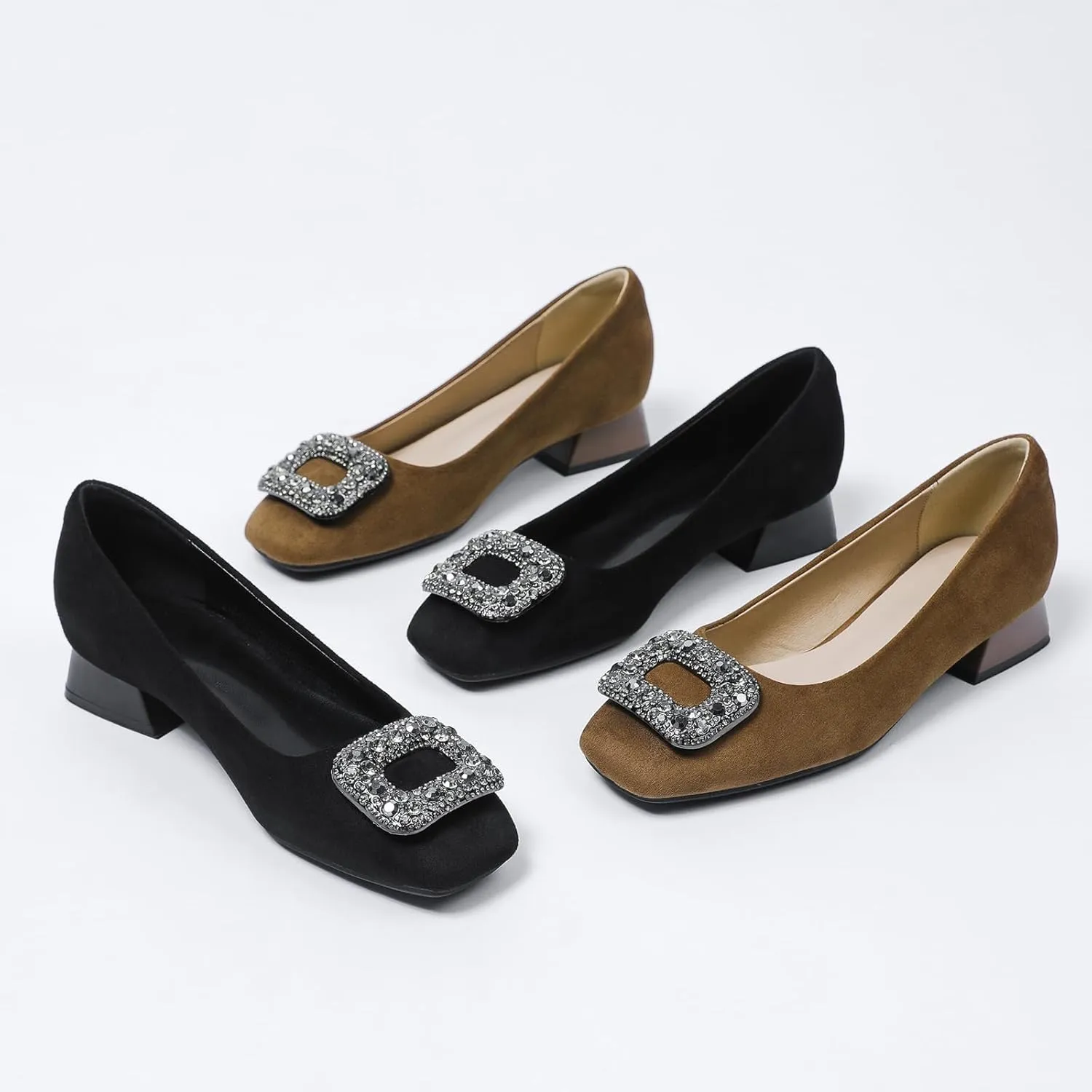 Women's Suede Rhinestone Low Heel Pumps Jeweled Square Toe Chunky Low Heel Closed Toe Dress Work Office Shoes Casual Slip on Slip On Evening Shoes