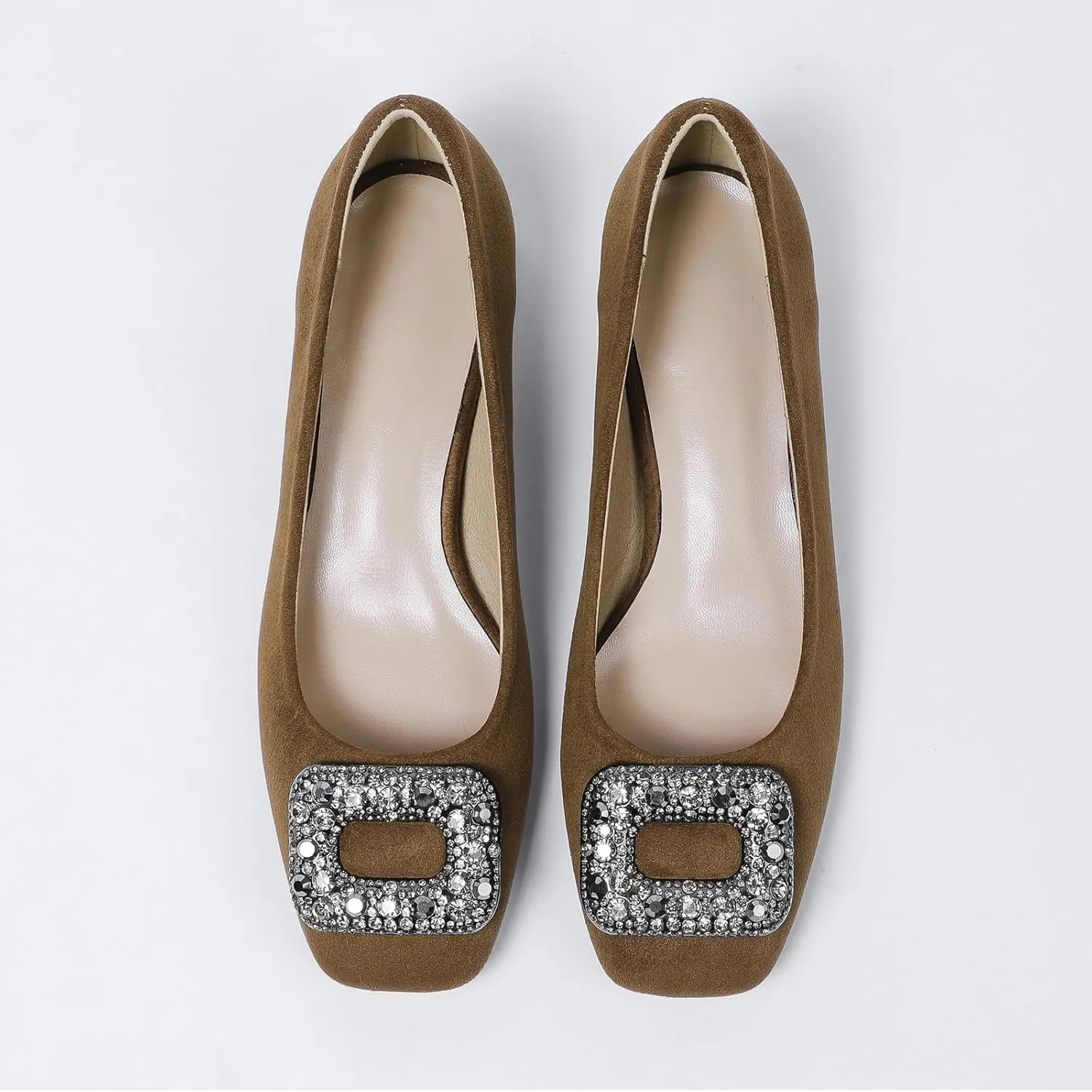Women's Suede Rhinestone Low Heel Pumps Jeweled Square Toe Chunky Low Heel Closed Toe Dress Work Office Shoes Casual Slip on Slip On Evening Shoes