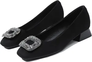 Women's Suede Rhinestone Low Heel Pumps Jeweled Square Toe Chunky Low Heel Closed Toe Dress Work Office Shoes Casual Slip on Slip On Evening Shoes