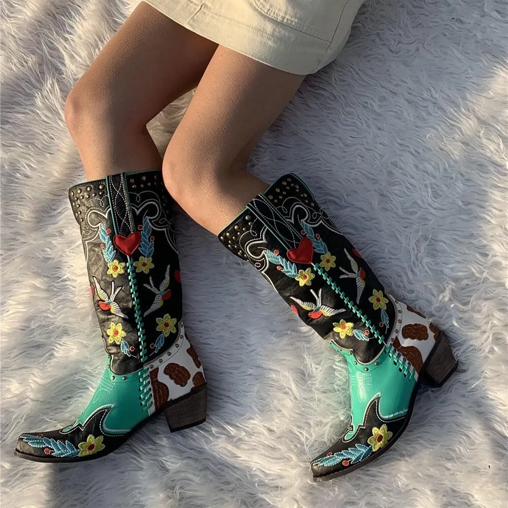 Women's Swallow Floral Embroidered Cowgirl Boots - Chunky Low Heels - Handmade Rivets - Western Cowboy Knee High Boots - Pull On - Blue, Black, Green - Patchwork - Wide Calf