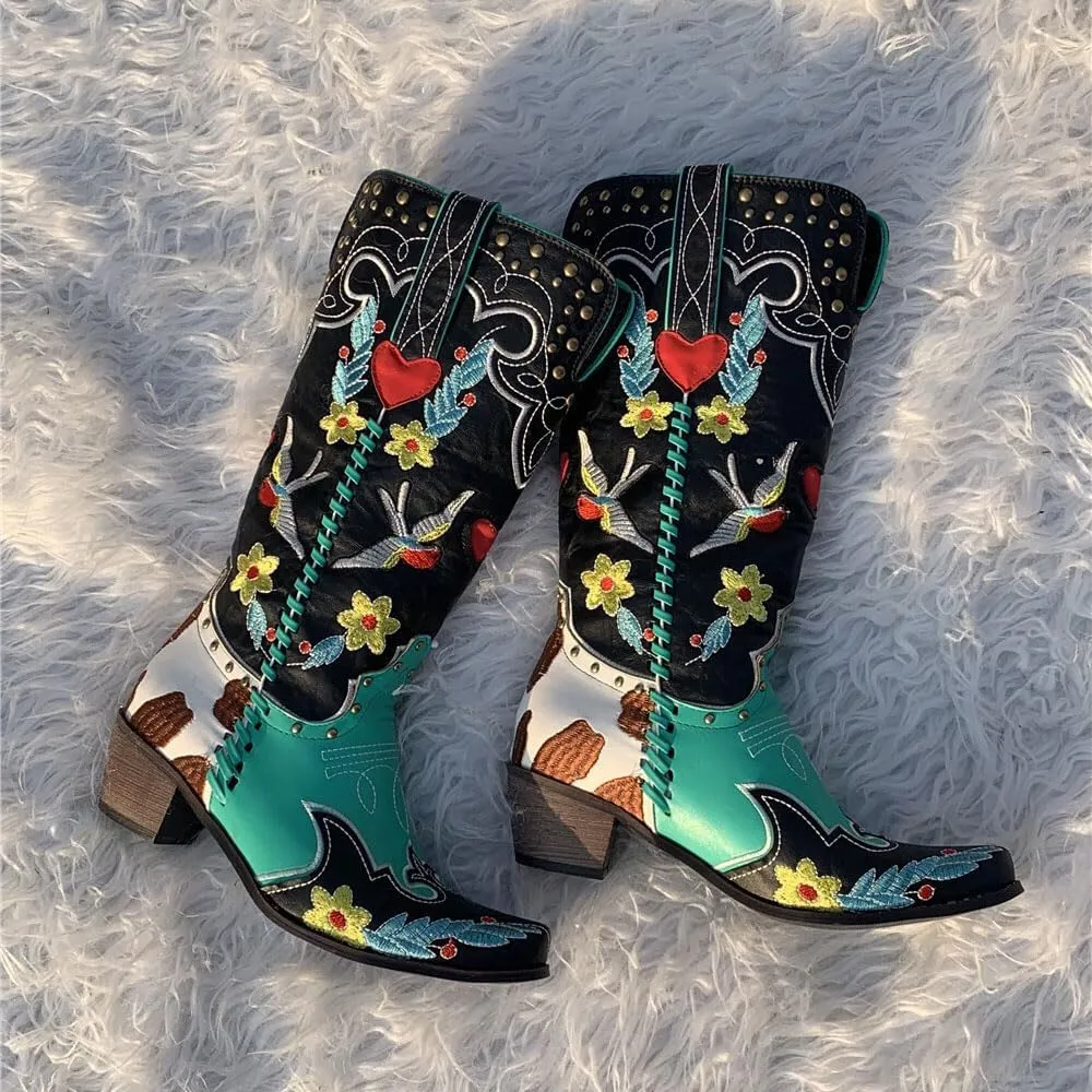 Women's Swallow Floral Embroidered Cowgirl Boots - Chunky Low Heels - Handmade Rivets - Western Cowboy Knee High Boots - Pull On - Blue, Black, Green - Patchwork - Wide Calf