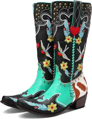 Women's Swallow Floral Embroidered Cowgirl Boots - Chunky Low Heels - Handmade Rivets - Western Cowboy Knee High Boots - Pull On - Blue, Black, Green - Patchwork - Wide Calf
