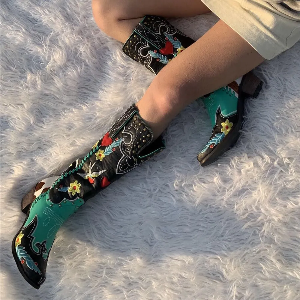 Women's Swallow Floral Embroidered Cowgirl Boots - Chunky Low Heels - Handmade Rivets - Western Cowboy Knee High Boots - Pull On - Blue, Black, Green - Patchwork - Wide Calf