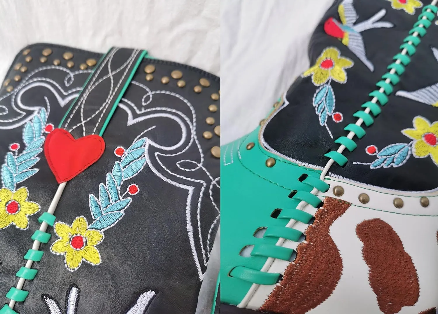 Women's Swallow Floral Embroidered Cowgirl Boots - Chunky Low Heels - Handmade Rivets - Western Cowboy Knee High Boots - Pull On - Blue, Black, Green - Patchwork - Wide Calf