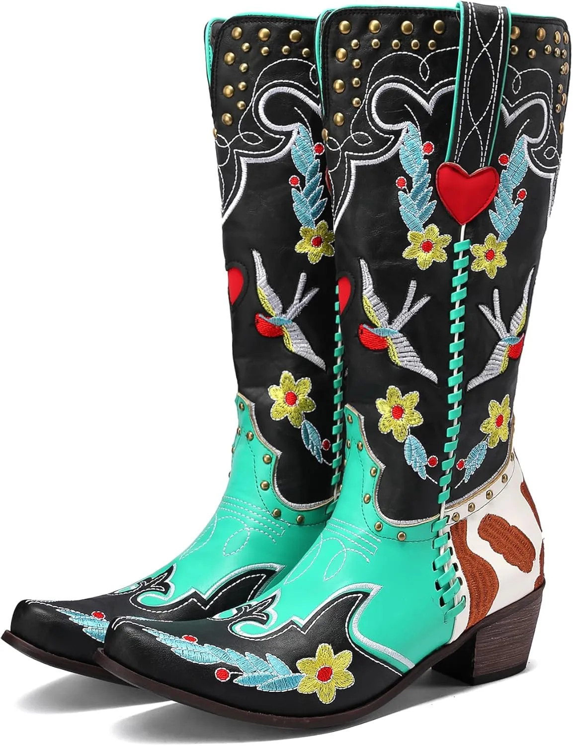 Women's Swallow Floral Embroidered Cowgirl Boots - Chunky Low Heels - Handmade Rivets - Western Cowboy Knee High Boots - Pull On - Blue, Black, Green - Patchwork - Wide Calf