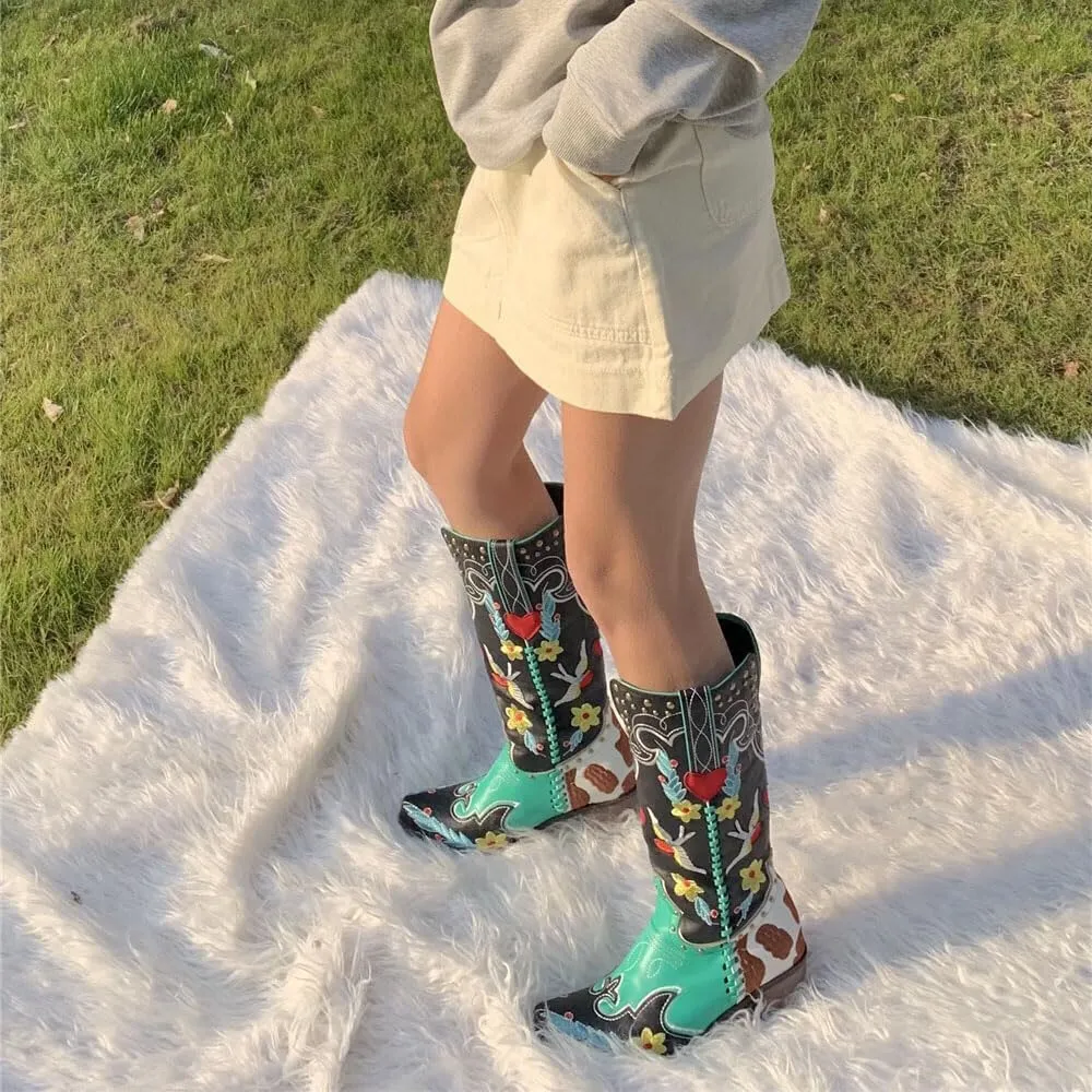 Women's Swallow Floral Embroidered Cowgirl Boots - Chunky Low Heels - Handmade Rivets - Western Cowboy Knee High Boots - Pull On - Blue, Black, Green - Patchwork - Wide Calf