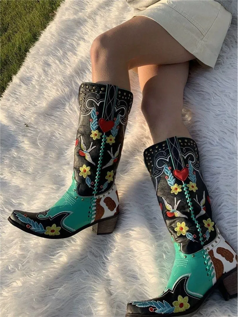 Women's Swallow Floral Embroidered Cowgirl Boots - Chunky Low Heels - Handmade Rivets - Western Cowboy Knee High Boots - Pull On - Blue, Black, Green - Patchwork - Wide Calf