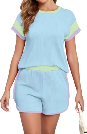 Womens Two 2 Piece Lounge Sets Texture Summer Casual Short Cap Sleeve Tops Matching Shorts Colorblock Outfits