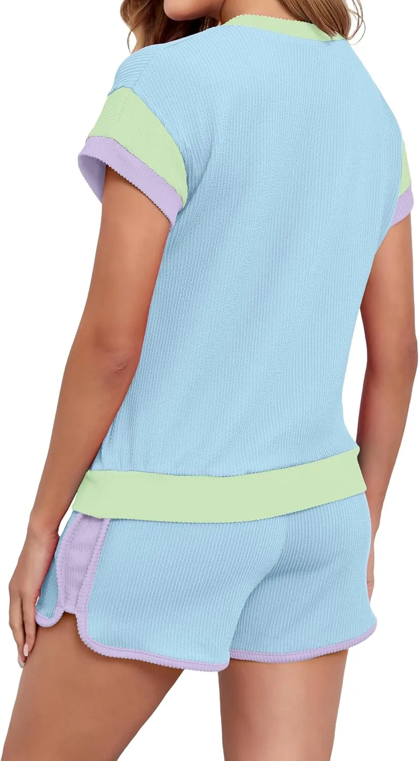 Womens Two 2 Piece Lounge Sets Texture Summer Casual Short Cap Sleeve Tops Matching Shorts Colorblock Outfits