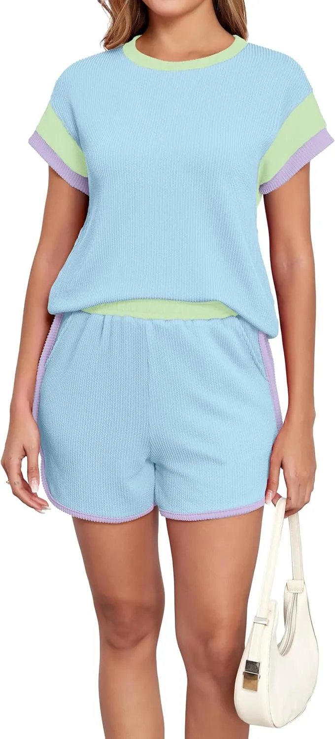 Womens Two 2 Piece Lounge Sets Texture Summer Casual Short Cap Sleeve Tops Matching Shorts Colorblock Outfits