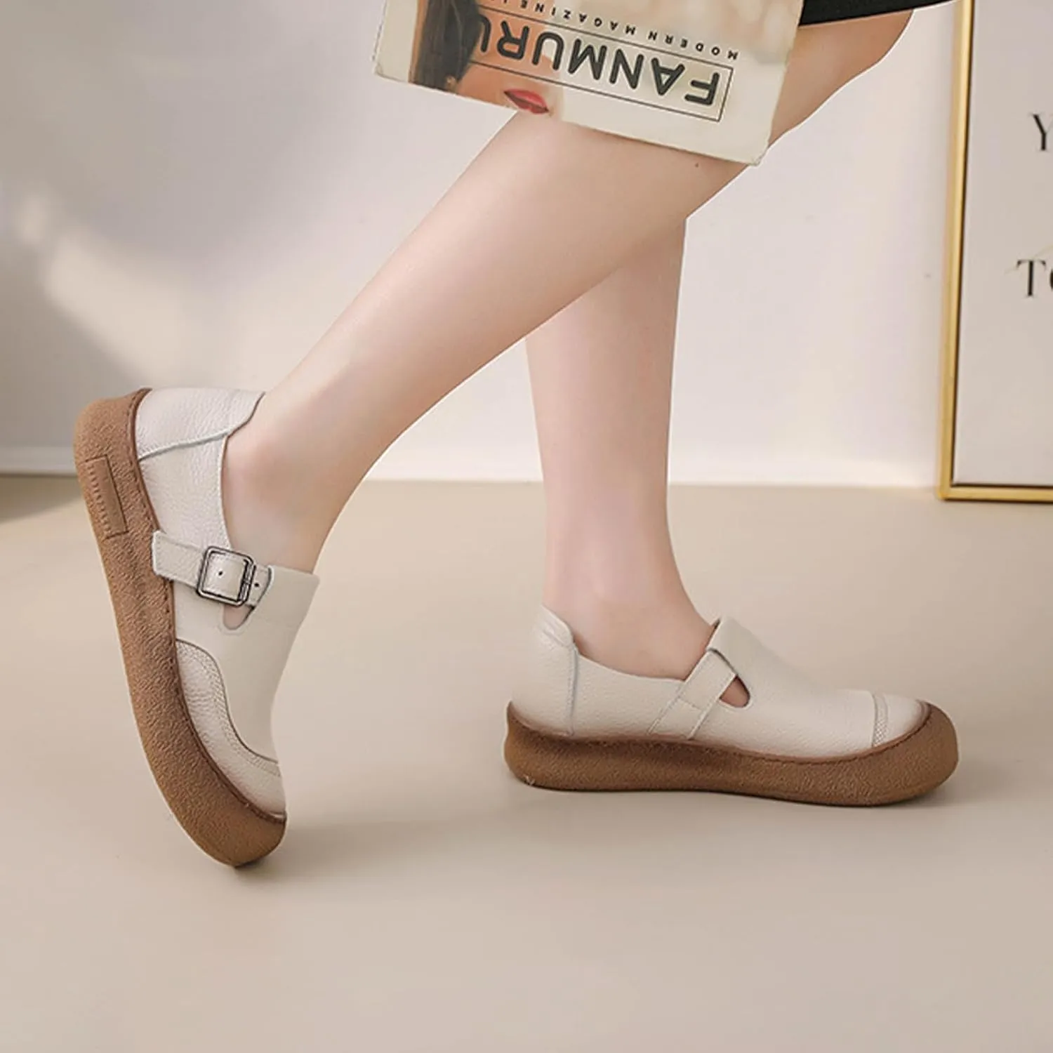 Women's Wide Toe Box Leather Shoes,Vintage Comfortable Orthopedic Soft Sole Slip-On Casual Dressy Buckle Walking Flats