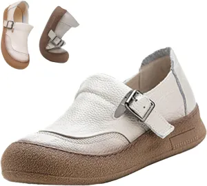 Women's Wide Toe Box Leather Shoes,Vintage Comfortable Orthopedic Soft Sole Slip-On Casual Dressy Buckle Walking Flats