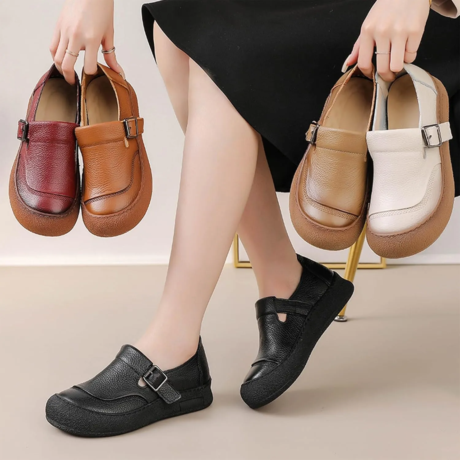 Women's Wide Toe Box Leather Shoes,Vintage Comfortable Orthopedic Soft Sole Slip-On Casual Dressy Buckle Walking Flats