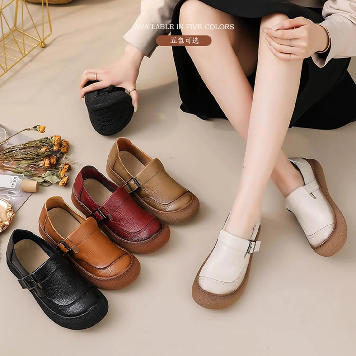 Women's Wide Toe Box Leather Shoes,Vintage Comfortable Orthopedic Soft Sole Slip-On Casual Dressy Buckle Walking Flats