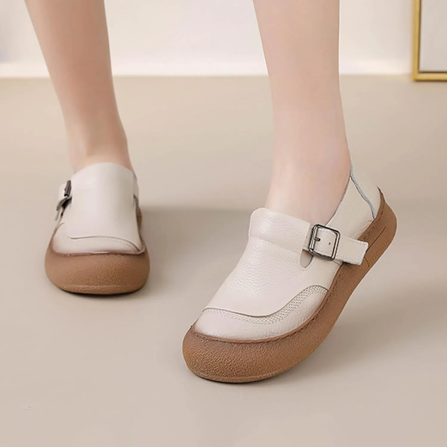 Women's Wide Toe Box Leather Shoes,Vintage Comfortable Orthopedic Soft Sole Slip-On Casual Dressy Buckle Walking Flats