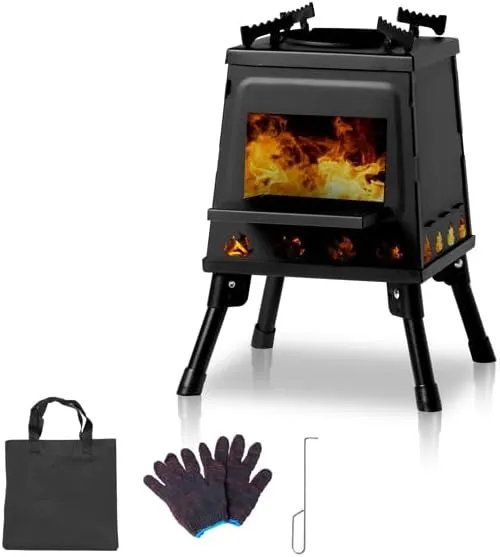 Wood Burning Camp Stove, Portable Cast Iron Camping Wood Stove, Black Woodstove with Carrying Case for Backpacking Outdoor Cooking, Small, 36 * 36 * 46.5cm