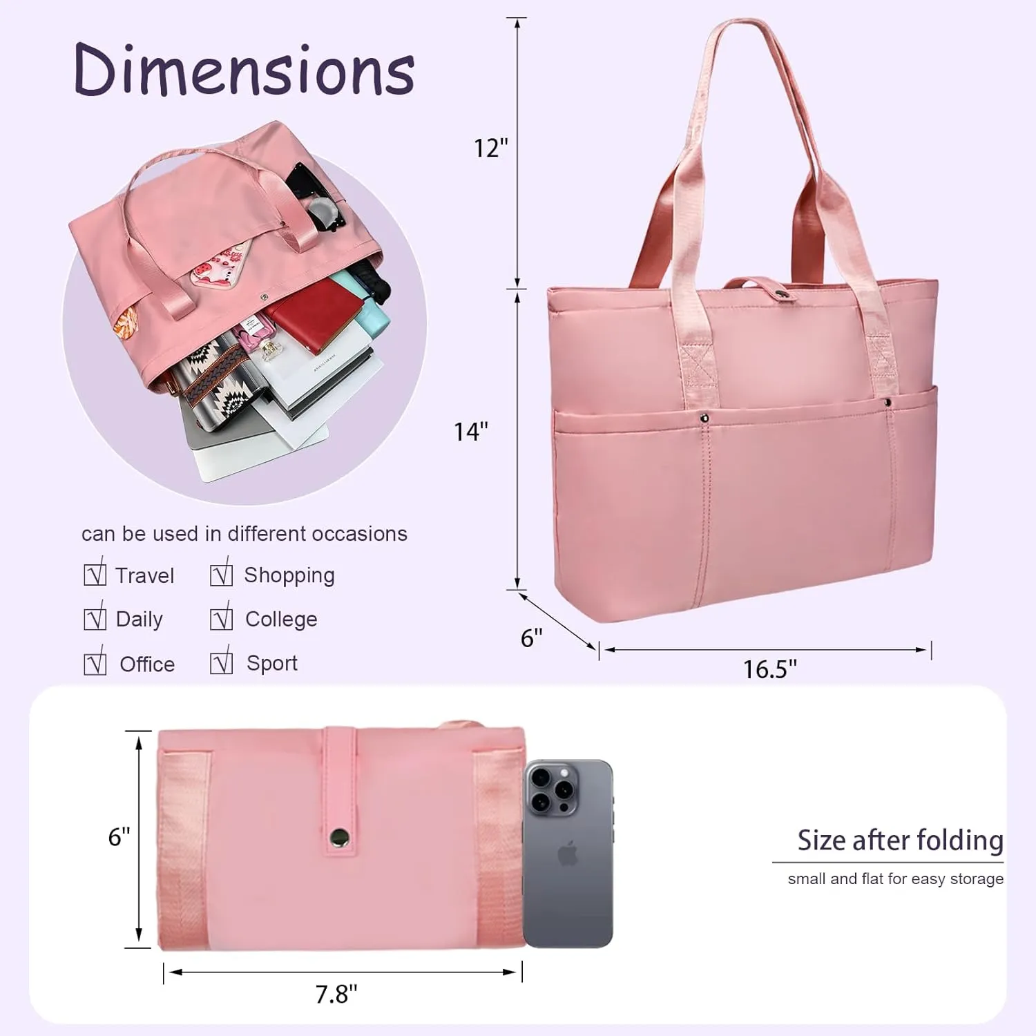 Work Bags for Women- Nursing Clinical Bag with Zipper Large Foldable Travel Bag Water-Resistant Handbag