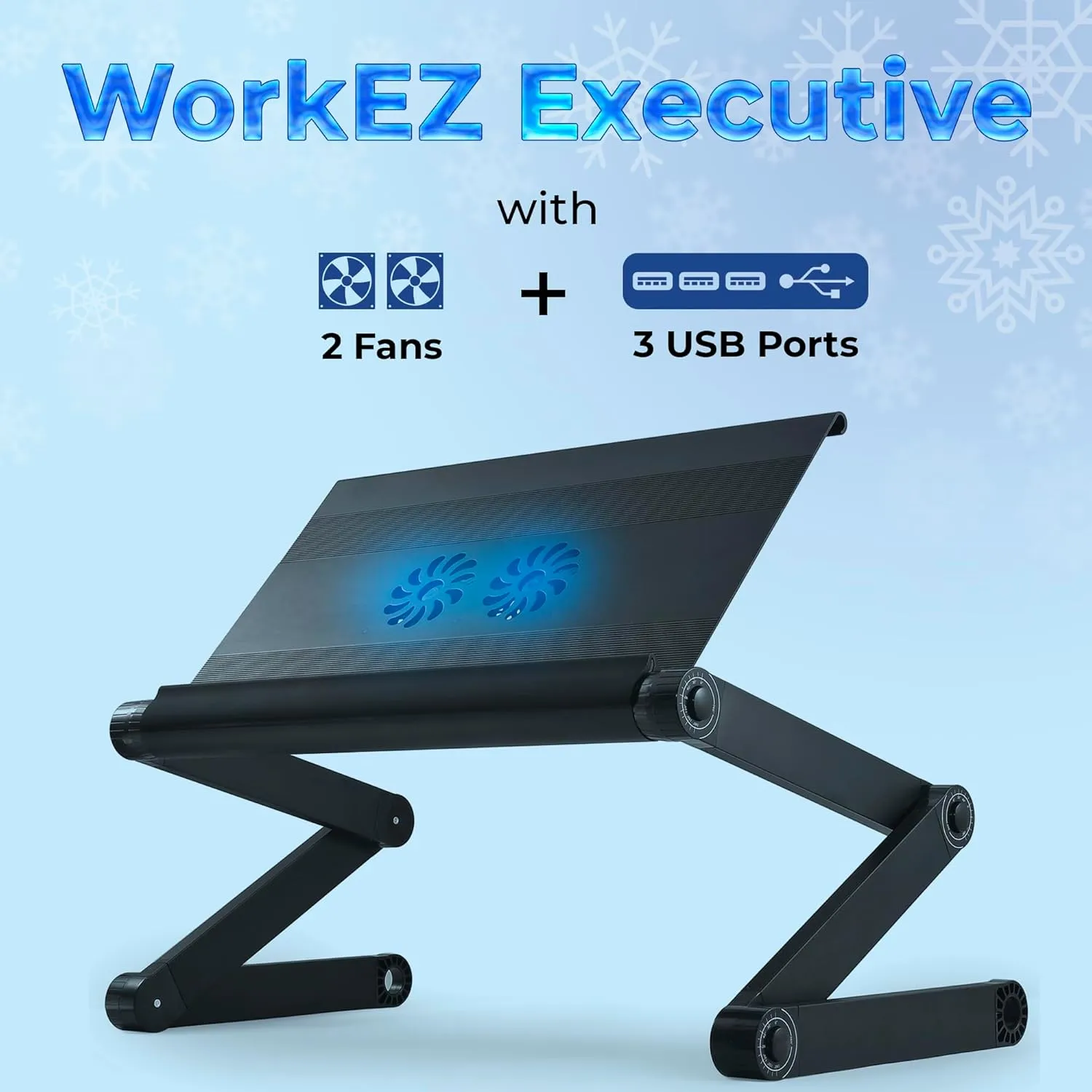 WorkEZ Executive Laptop Cooling Stand, Adjustable Desk for Bed, Foldable with 2 Fans & 3 USB Ports, Computer Lap Desk, PC Holder for Bed, Ergonomic Table Stand, Home Office Supplies, Black