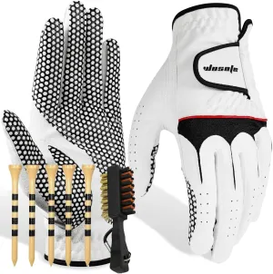 wosofe Men’s Golf Glove Left Hand Non-Slip Palm Pu Premium Leather Soft Durable Comfortable All Weather with Five Tees and Brush