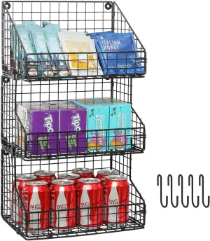 X-cosrack 3-Tier Stackable Detachable Snack Organizer (Large Size), Countertop Display/Wall Mounted Shelf with 5 Hooks Wire Basket Snack Shelf for Office Cabinets, Kitchen, Pantry, 11.8x7.8x22 Inch