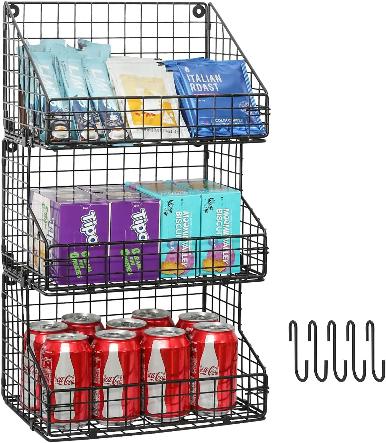 X-cosrack 3-Tier Stackable Detachable Snack Organizer (Large Size), Countertop Display/Wall Mounted Shelf with 5 Hooks Wire Basket Snack Shelf for Office Cabinets, Kitchen, Pantry, 11.8x7.8x22 Inch