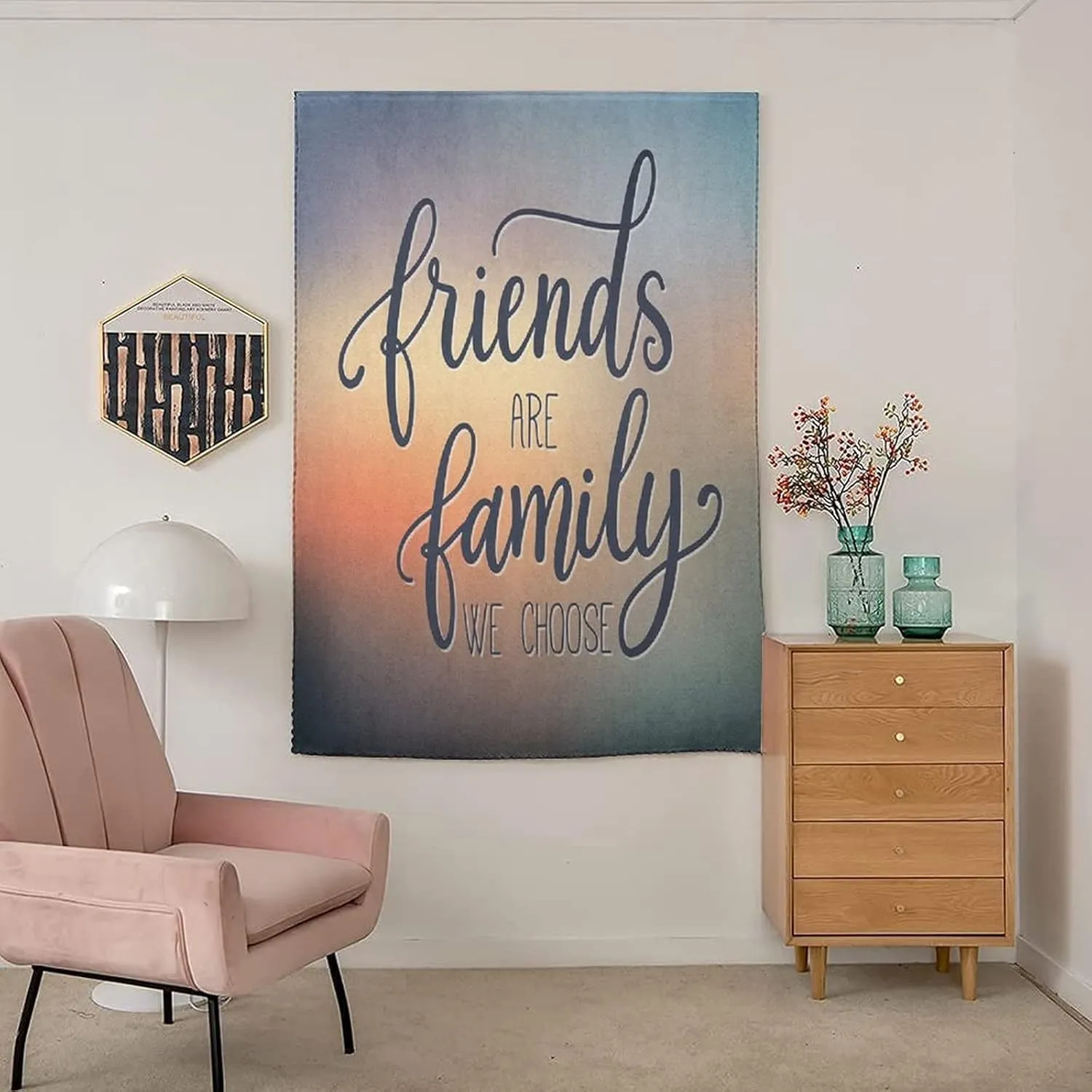 XISUNYA Adjustable Blackout Shades, Family Portable Blackout Curtain, Friends are Famly We Choose Inspirational Phrase Fashion Print Living Room Bedroom Window Drapes,59W x72L Inch