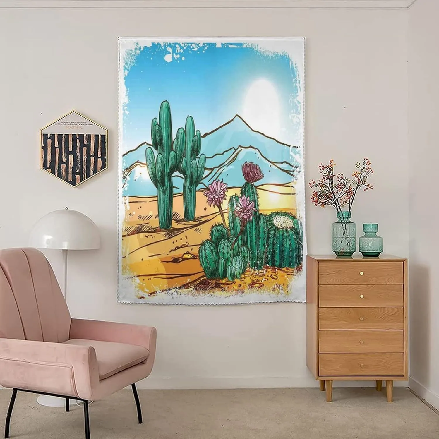 XISUNYA Anywhere Portable Blackout Curtain, Cactus Door Window Curtains, Cartoon Cactus Flowers Mountains Desert Sand Sun Art Print Thermal Lnsulated Room Darkening Small Drapes,35W x63L Inch