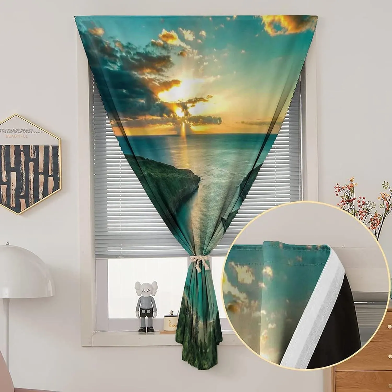 XISUNYA Autohesion Curtains, Hawaiian Decor Window Curtain Panel, Sunrise Over Hanauma Bay on Oahu Hawaii Sunbeams Print Thermal Lnsulated Room Darkening Small Drapes,26W x40L Inch