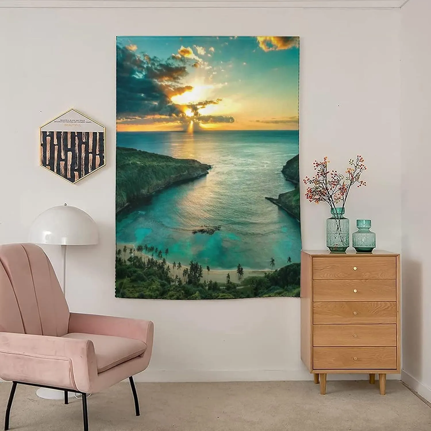XISUNYA Autohesion Curtains, Hawaiian Decor Window Curtain Panel, Sunrise Over Hanauma Bay on Oahu Hawaii Sunbeams Print Thermal Lnsulated Room Darkening Small Drapes,26W x40L Inch
