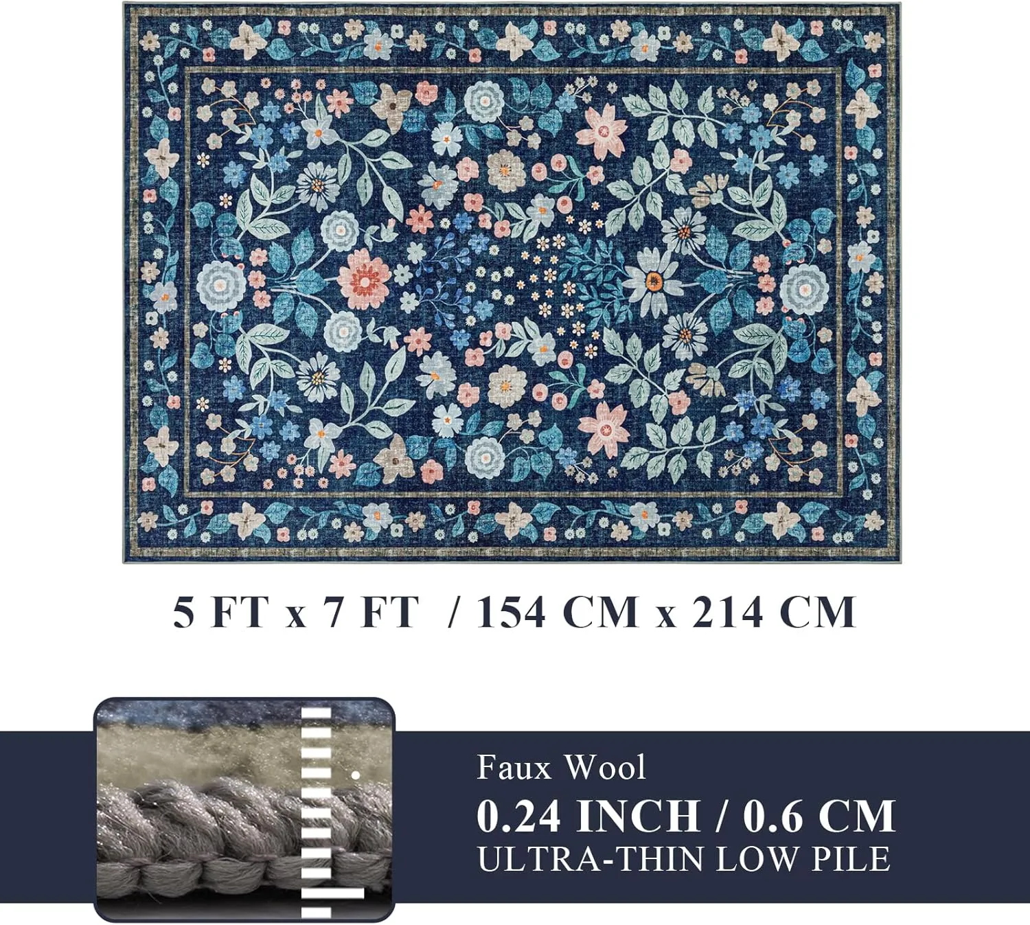 YIHOUSE Floral Blue 5x7 Washable Living Room Area Rug, Non Slip Boho Soft Bedroom Rug, Ultra Thin Colorful Flower Throw Carpet for Dining Room Home Office Dark Blue,5'x7'