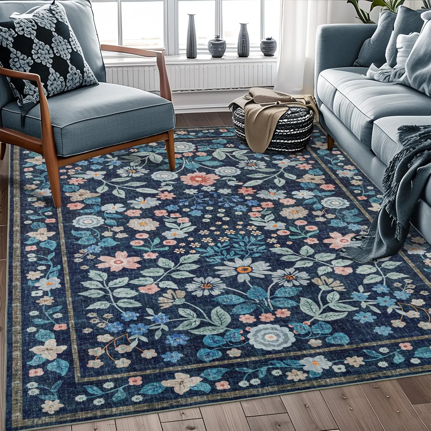YIHOUSE Floral Blue 5x7 Washable Living Room Area Rug, Non Slip Boho Soft Bedroom Rug, Ultra Thin Colorful Flower Throw Carpet for Dining Room Home Office Dark Blue,5'x7'
