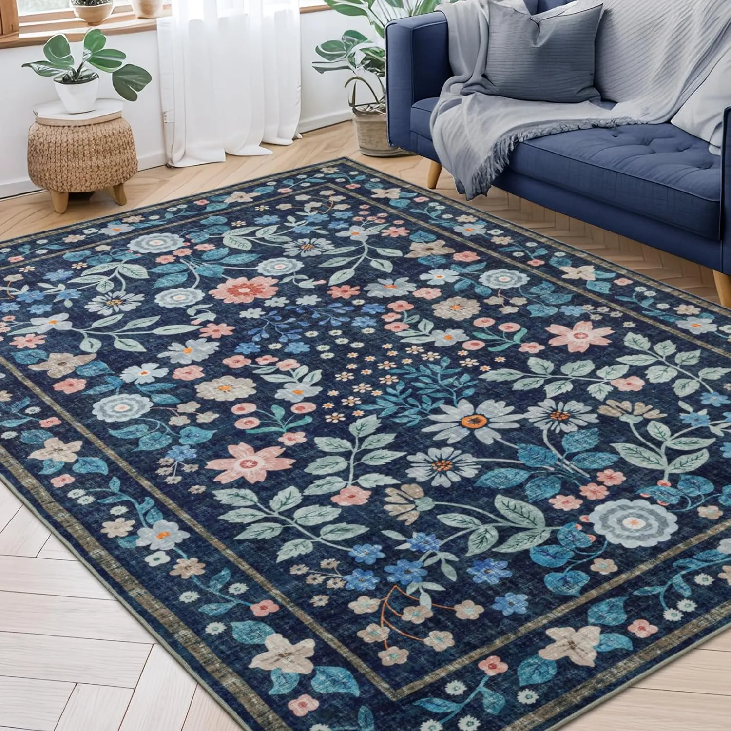 YIHOUSE Floral Blue 5x7 Washable Living Room Area Rug, Non Slip Boho Soft Bedroom Rug, Ultra Thin Colorful Flower Throw Carpet for Dining Room Home Office Dark Blue,5'x7'