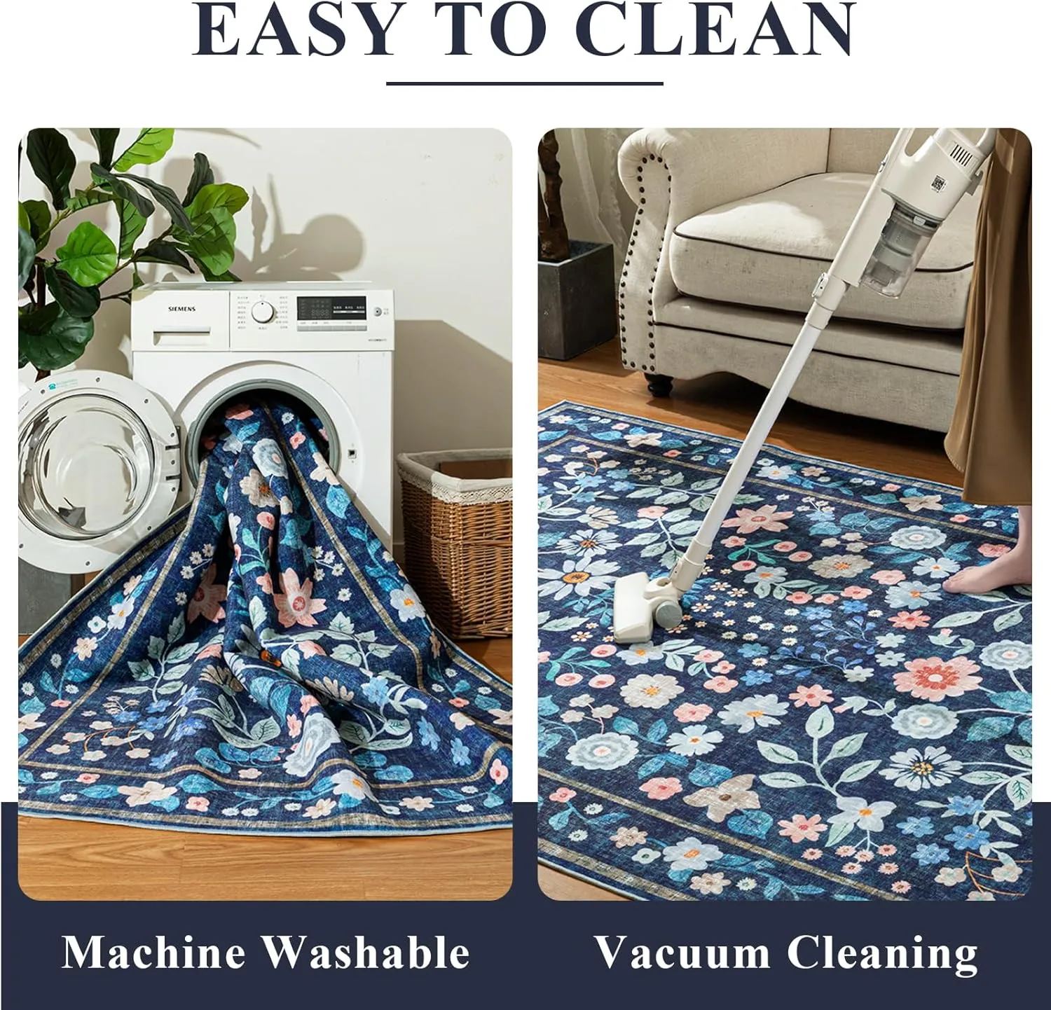 YIHOUSE Floral Blue 5x7 Washable Living Room Area Rug, Non Slip Boho Soft Bedroom Rug, Ultra Thin Colorful Flower Throw Carpet for Dining Room Home Office Dark Blue,5'x7'