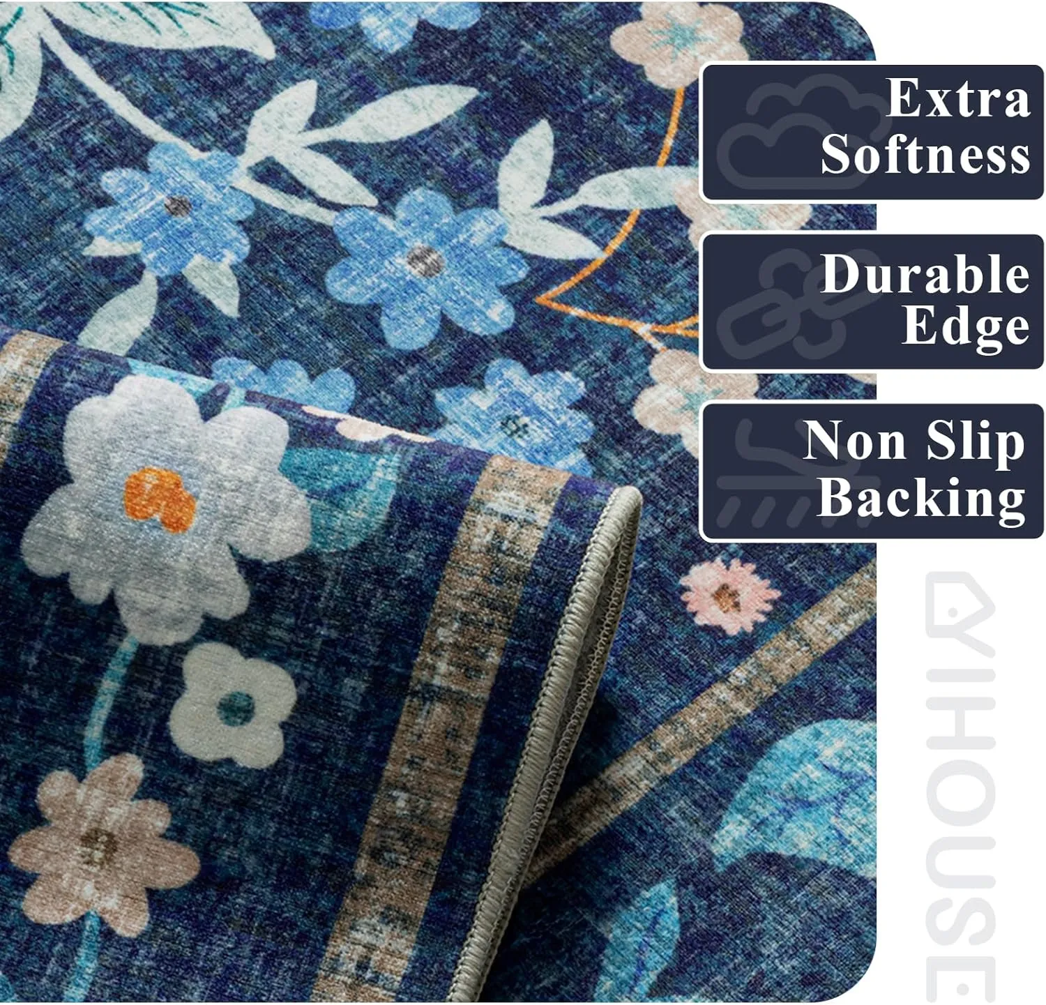 YIHOUSE Floral Blue 5x7 Washable Living Room Area Rug, Non Slip Boho Soft Bedroom Rug, Ultra Thin Colorful Flower Throw Carpet for Dining Room Home Office Dark Blue,5'x7'