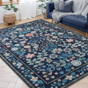 YIHOUSE Floral Blue 5x7 Washable Living Room Area Rug, Non Slip Boho Soft Bedroom Rug, Ultra Thin Colorful Flower Throw Carpet for Dining Room Home Office Dark Blue,5'x7'