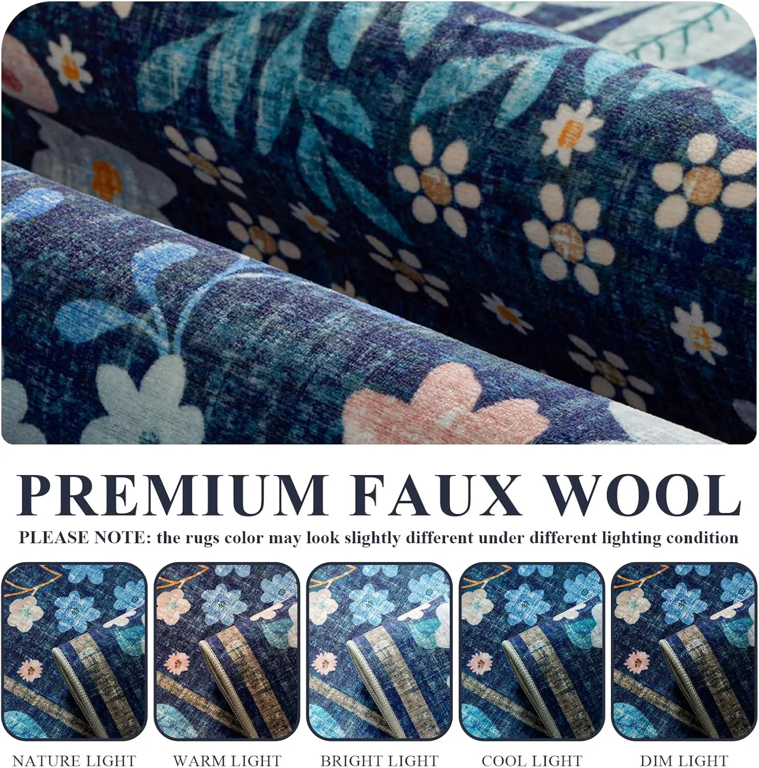 YIHOUSE Floral Blue 5x7 Washable Living Room Area Rug, Non Slip Boho Soft Bedroom Rug, Ultra Thin Colorful Flower Throw Carpet for Dining Room Home Office Dark Blue,5'x7'
