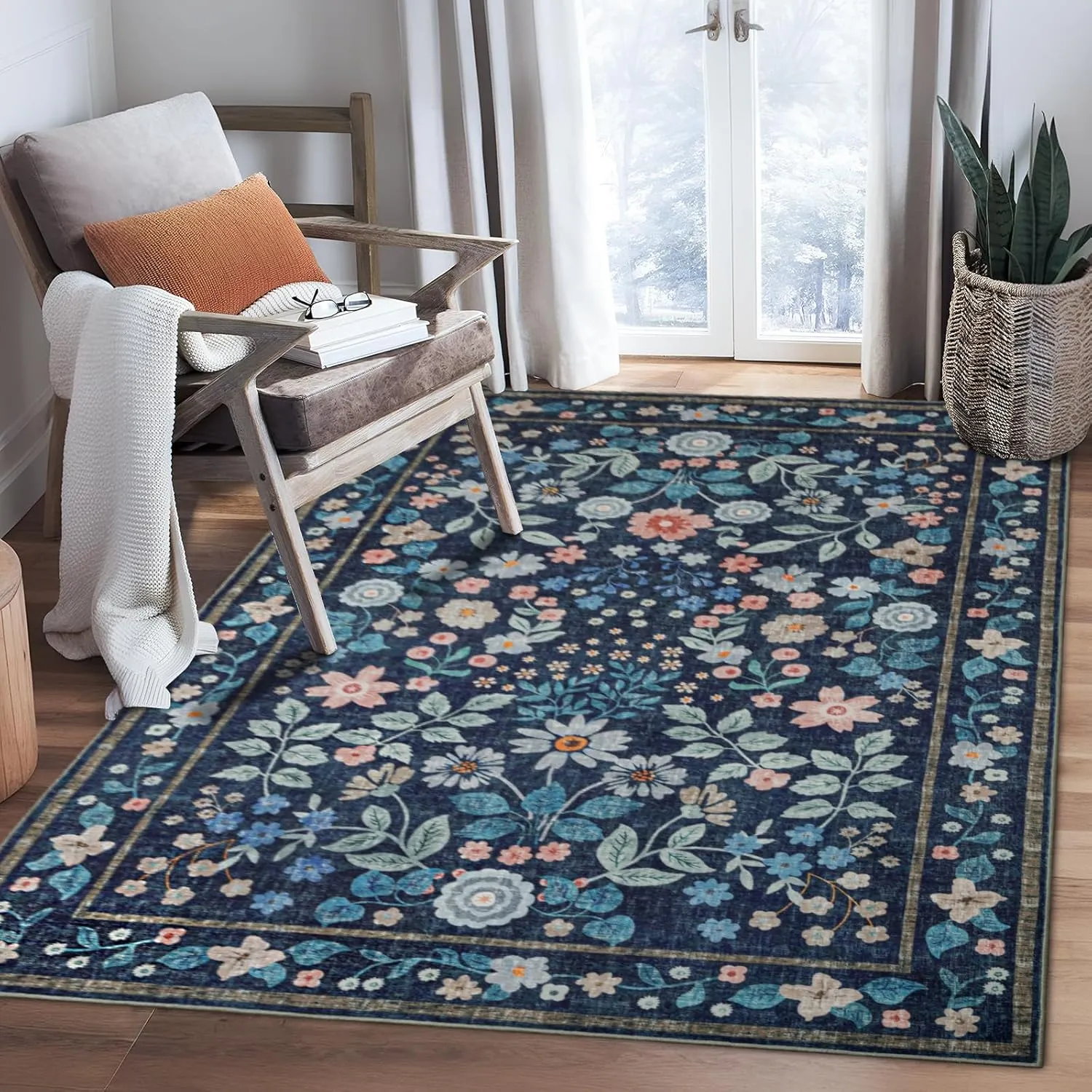 YIHOUSE Floral Blue 5x7 Washable Living Room Area Rug, Non Slip Boho Soft Bedroom Rug, Ultra Thin Colorful Flower Throw Carpet for Dining Room Home Office Dark Blue,5'x7'