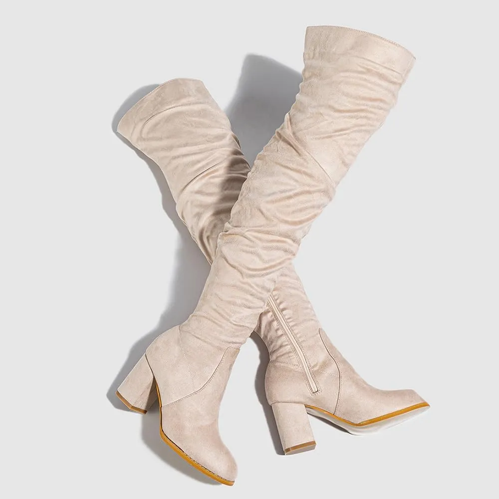 YING LAN Over The Knee High Boots For Women Pull On Side Zipper Chunky Block Heel Thigh High Boots